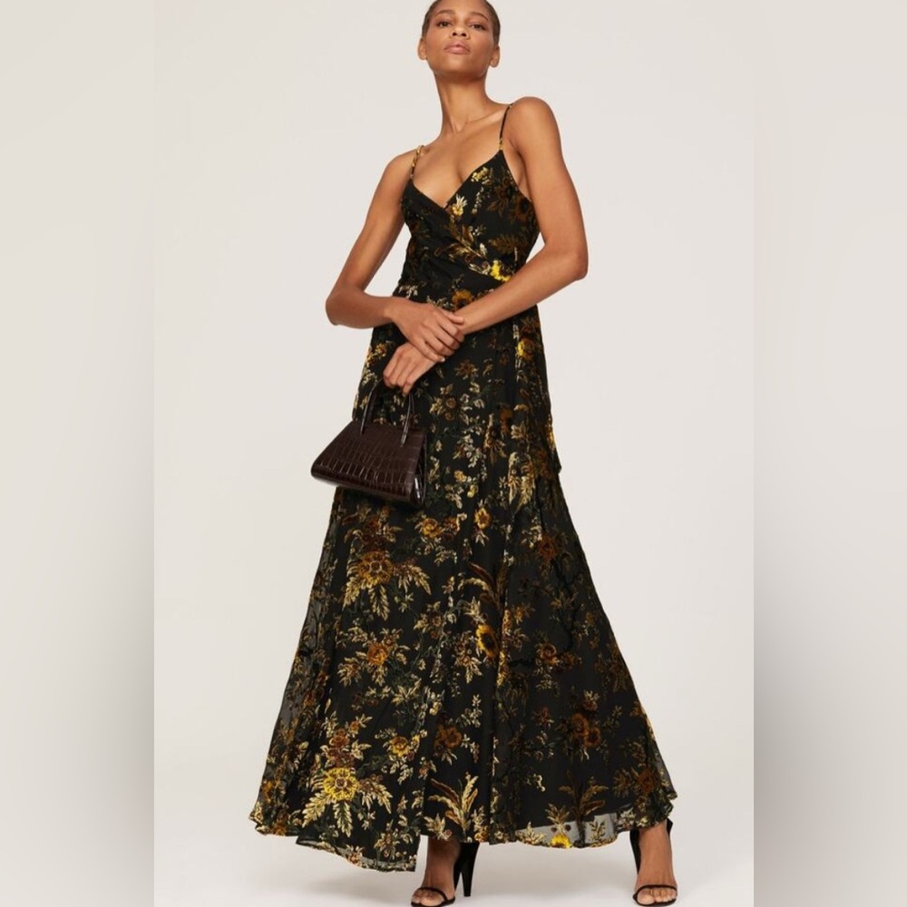 Hutch Black Floral Midi Dress with Gold and Olive Details
